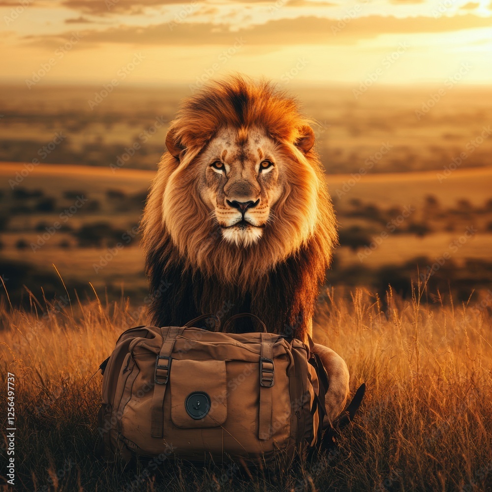 Aufkleber regal lion portrait with a golden mane glowing in sunset light and space for custom text. generative