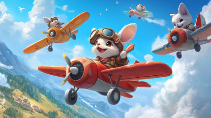 Cartoon cute baby animals characters on planes. Panda and zebra, elephant and rabbit, bear, monkey animal kid airplane pilots in sky. Funny pilots vector personages on retro biplanes with propellers