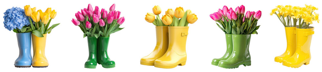 PNG Colorful boots with vibrant flowers, element set on transparent background