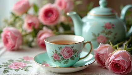 Floral teapot and cup set for tea time. Vintage elegant porcelain tea service for romantic afternoon. Delicate pink roses decorate table setting still life. Perfect for kitchen, home, relaxation.