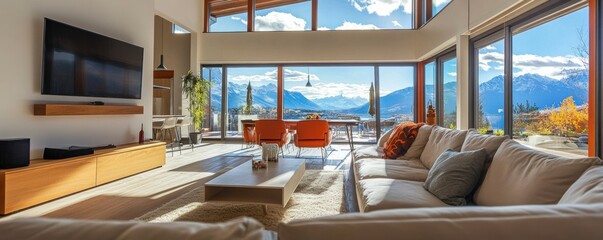 Spacious modern living room with mountain view through large windows in bright daylight