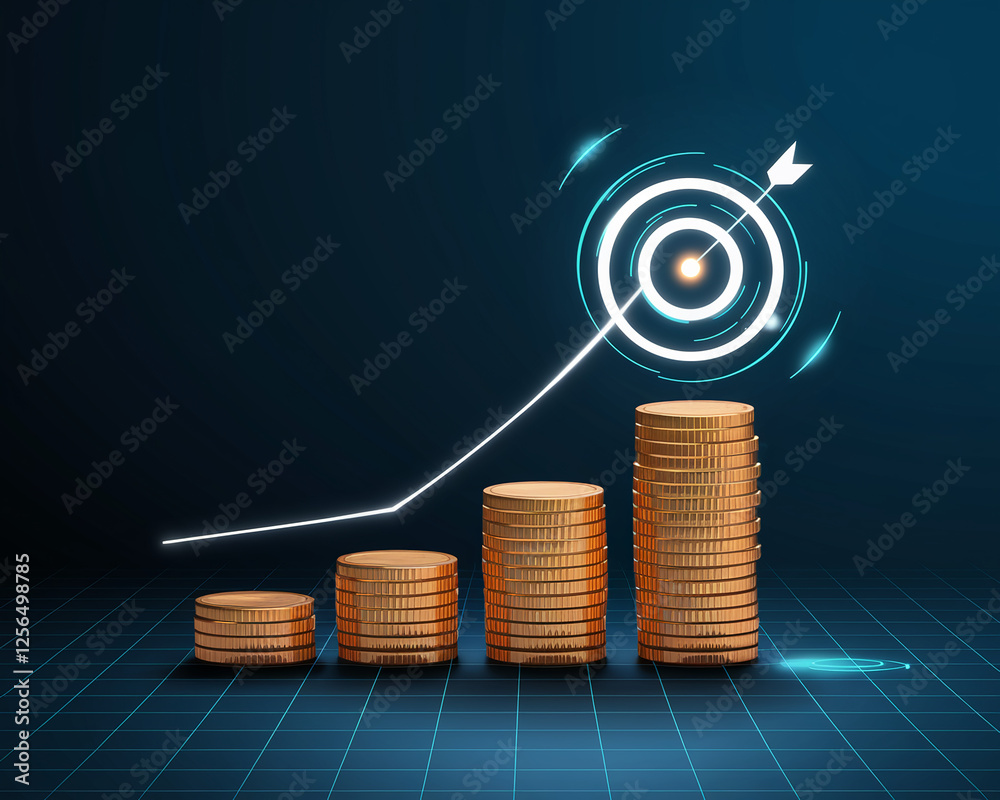 Poster a high-tech financial concept with stacks of coins, an upward arrow, and a target symbolizing growth