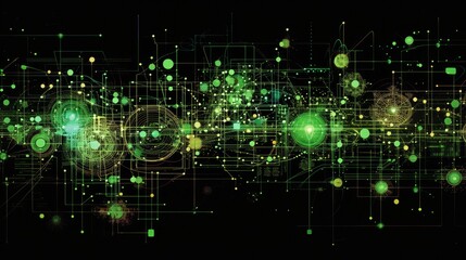 Obraz premium A vibrant digital matrix of interconnected circuits in green and gold hues, illustrating the essence of technology and innovation on a dark background. AI generated.