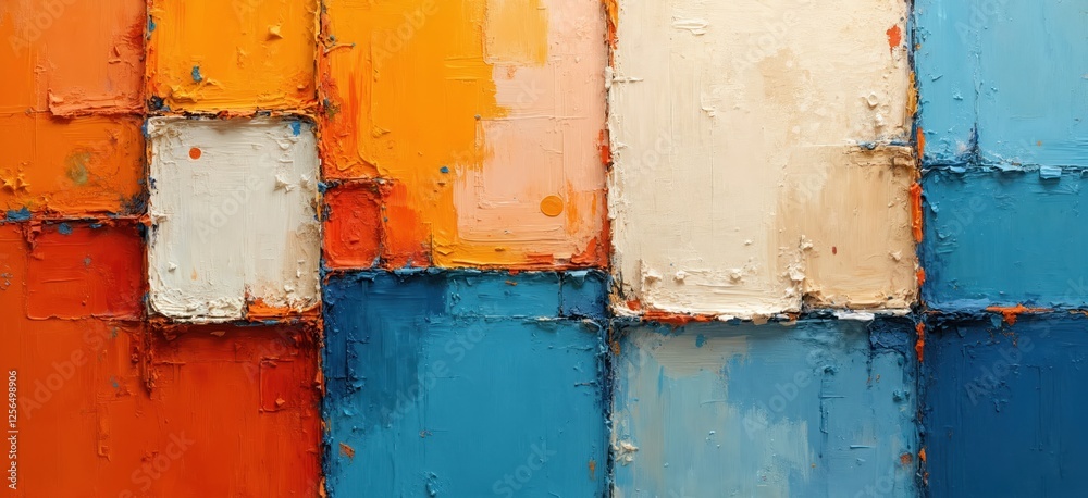 Poster Closeup of abstract colorful painting with square paper layers, brushstroke effect. Blue, orange, white colors with rough texture. Multicolored painting with canvas pattern. Generative AI art.