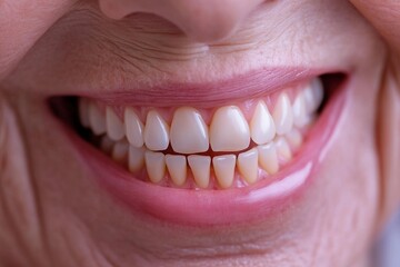 Fototapeta premium A joyful elderly person proudly showing their newly installed dentures