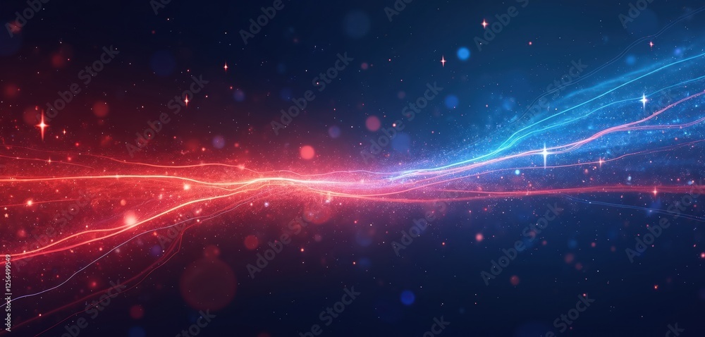 Poster illustration shows abstract dynamic movement with red, blue light rays crossing dark space. shiny gl