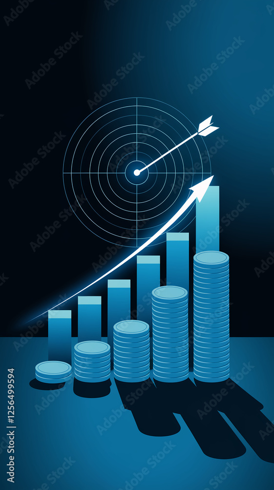 Poster a financial progress graphic showcasing growing stacks of coins with an upward arrow and target symb
