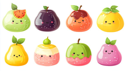 Cartoon sweet dessert fruits characters with watermelon, apple, orange, lemon, grape, avocado, mango, plum, pear and peach, isolated on white background