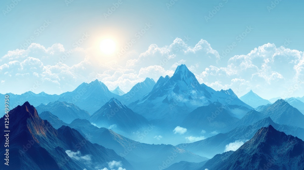Poster Majestic mountain range under soft clouds and a bright sun in a tranquil blue sky inviting exploration and wonder. Generative AI