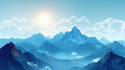 Obraz premium Majestic mountain range under soft clouds and a bright sun in a tranquil blue sky inviting exploration and wonder. Generative AI