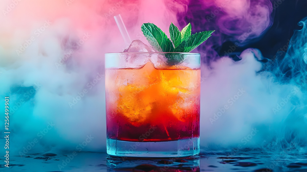 Sticker vibrant cocktail with non alcoholic whiskey, garnished with mint, sits in glass filled with ice. colorful background features swirling smoke, creating lively atmosphere