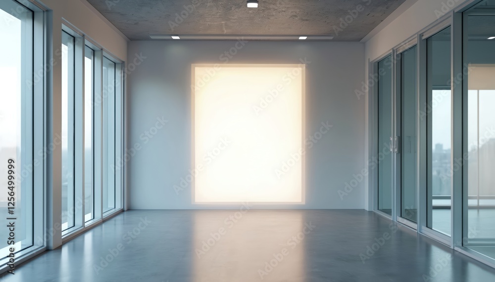 Poster contemporary office corridor features illuminated wall mockup rendering. empty space modern interior