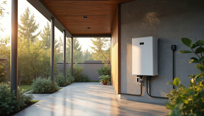 Alternative electric energy storage system at modern house. Home battery packs on garage wall as sustainable energy concept or backup. Clean power technology. Sunlight.