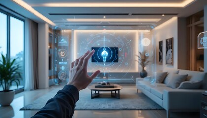 Interactive smart home technology modern living room digital interface contemporary design user engagement