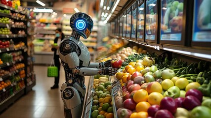 Futuristic Robot Shopping for Fresh Produce in Grocery Store - Powered by Adobe