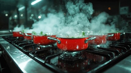 Steaming pots of food on a commercial kitchen stove