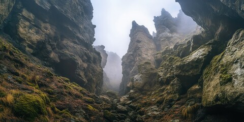 Breathtaking view of a mountainous landscape with fog, set in a serene and tranquil environment. The image showcases the natural beauty of mossy rocks surrounded by mist and green shrubbery.