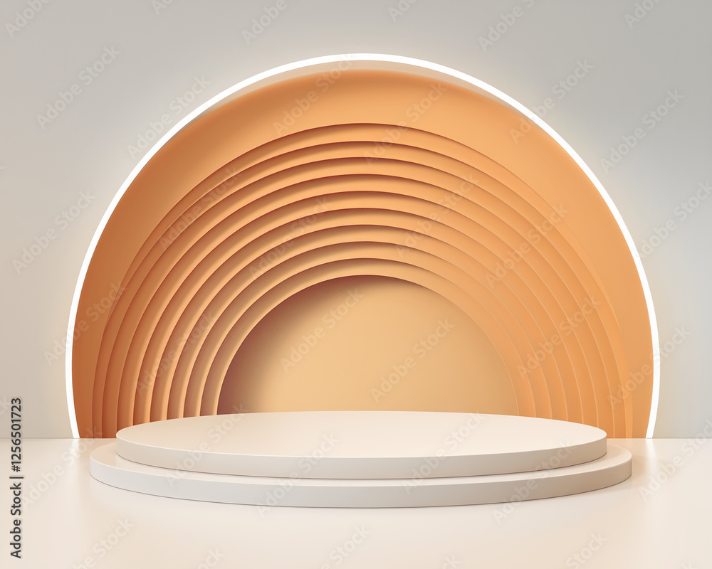 Poster A minimalistic abstract interior with a circular backdrop and a podium stage, symbolizing presentation, display, and artistic design in a modern and clean setting.