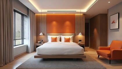 Modern hotel guest room interior with white bedding, orange headboard, wood wall decor, grey carpet, blind window. Room lit by ceiling lights, contemporary design. Comfortable double bed in empty