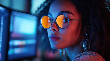 Focused young woman working on a computer in a creative workspace
