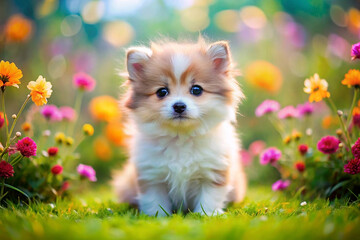 Cute puppy sitting in colorful flower garden