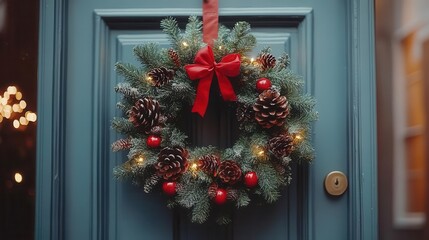 Holiday wreath on door, close-up of a festive wreath hanging on a door
