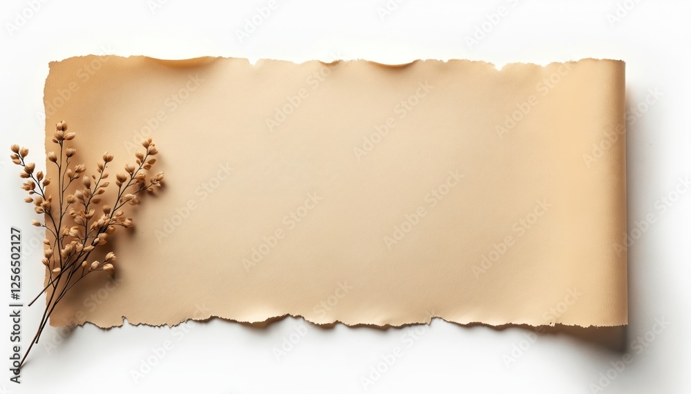 Poster Illustration of beige paper with torn edges. Rolled sheet of parchment with decorative dried flower element lying in corner. Blank paper sheet as copy space for vintage style message card mockup.
