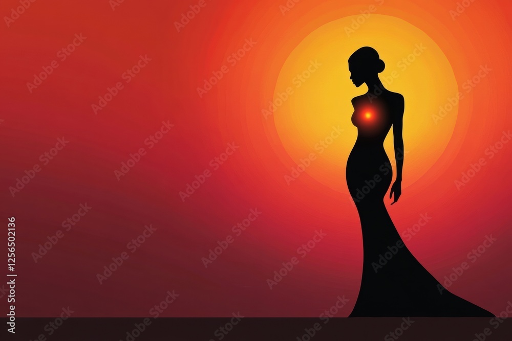 Aufkleber Silhouette of a model standing gracefully against a vibrant sunset backdrop with glowing light elements. Generative AI