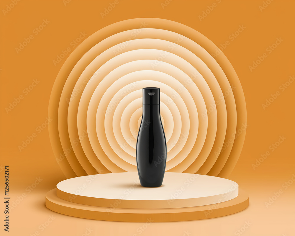 Poster a sleek black bottle placed on a minimalistic circular stage with layered curved background, showcas