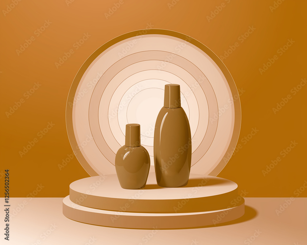 Poster two brown cosmetic bottles displayed on a minimalistic stage with concentric circular background, id