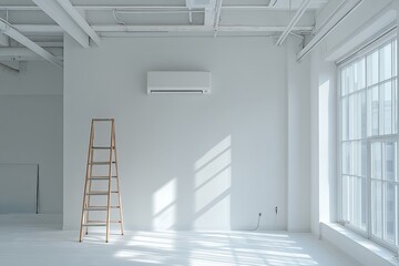 Modern interior with minimalist ladder and wall-mounted air conditioning unit