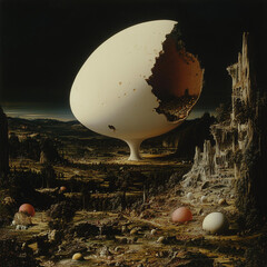 Surreal Landscape with a Cracked Egg-Shaped Object