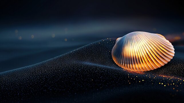   A large seashell rests on the sandy shore beside a calm body of water, adorned with tiny yellow spots