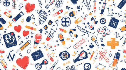 Medical seamless pattern. Medicine background of vector medical symbols microscope, heart and blood, dna and x-ray, pill and drug, medicine items and tools, thermometer, stethoscope, drops, syringe