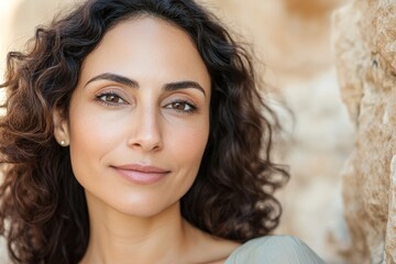 Serene hispanic female adult with natural curly hair in sunlit outdoor setting