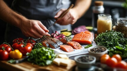 Nutritionist, close-up of diet plan with hands pointing to healthy food options