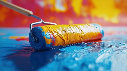 Paint roller, close-up of a paint roller being dipped in vibrant paint, soft background