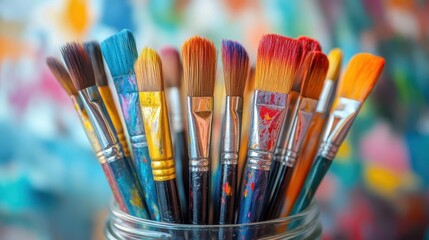 Fototapeta premium Paintbrushes in jar, close-up of colorful paintbrushes arranged neatly in a jar