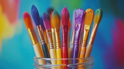 Fototapeta premium Paintbrushes in jar, close-up of colorful paintbrushes arranged neatly in a jar