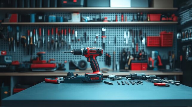 Power tools, close-up of power drill and other tools arranged on a workbench