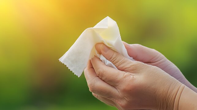 Close-up of hands holding a tissue in a vibrant outdoor setting during sunset