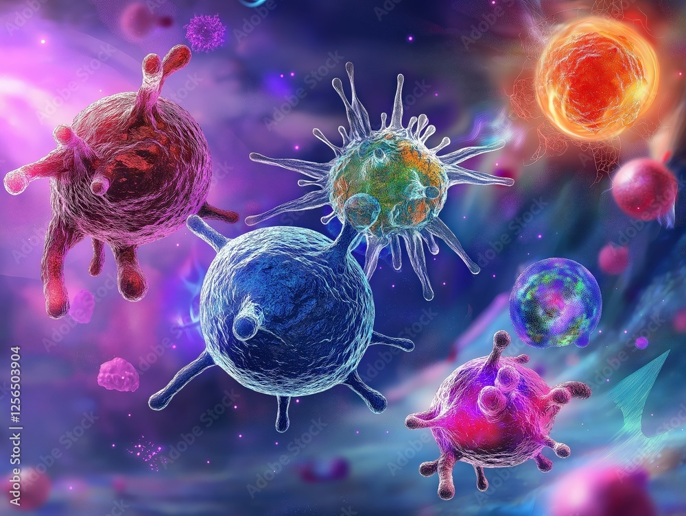 Poster digitally rendered, these microscopic entities showcase colorful complexity. visualizing medical sci