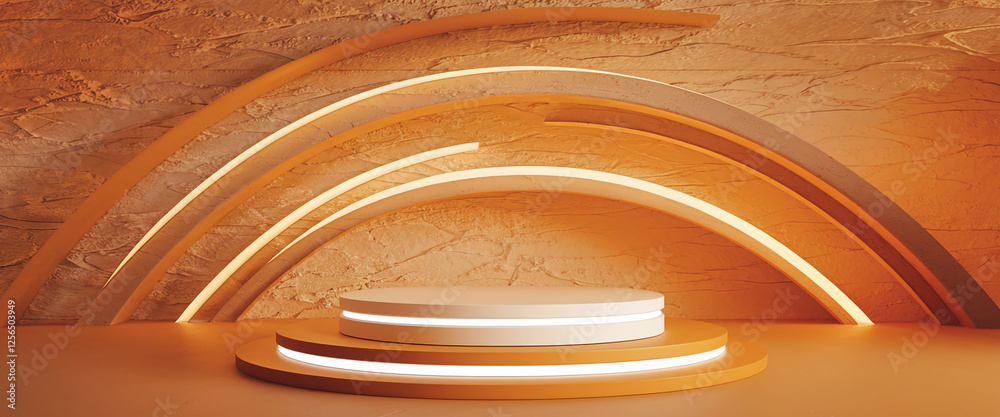 Aufkleber A futuristic product showcase scene with a circular platform and abstract glowing arches in a warm orange and beige tone, creating a modern and minimalist presentation space.