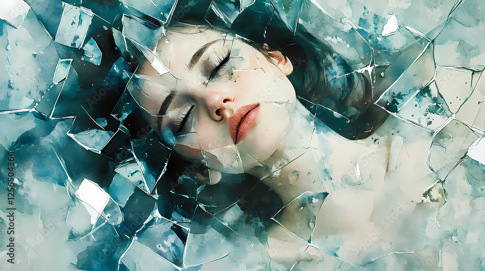 Wall mural A heartbroken young woman lies amidst broken mirror shards, soft watercolor blending her image with fragments of light. Whispering Mirrors. Illustration