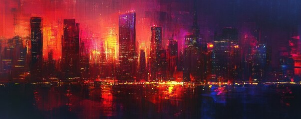 Vibrant abstract cityscape at sunset with illuminated skyline reflections