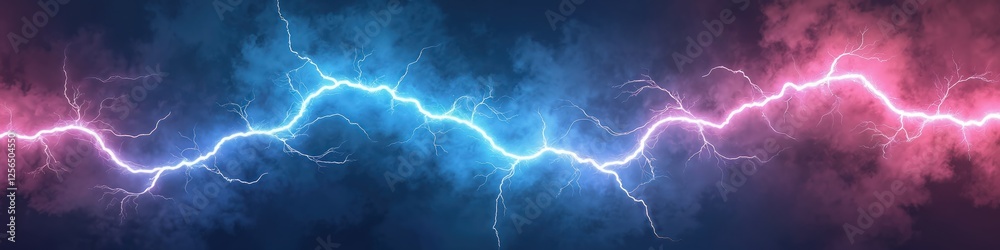 Poster illustration a dynamic lightning strikes with clouds. large dark area for text. blue, cyan and pink 