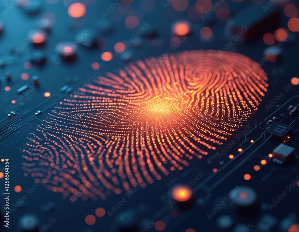 Aufkleber 3d illustration of digital fingerprint, cybersecurity tech. glowing red fingerprint on dark blue cir