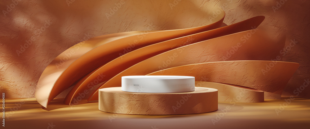 Poster a modern futuristic product showcase scene with a circular pedestal and abstract orange curved backg
