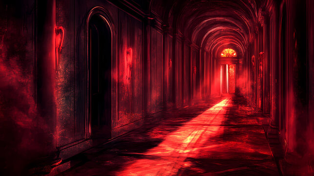 A mysterious hallway illuminated by eerie red lights, evoking a sense of suspense and intrigue in a dark environment. Whispering Mirrors. Illustration