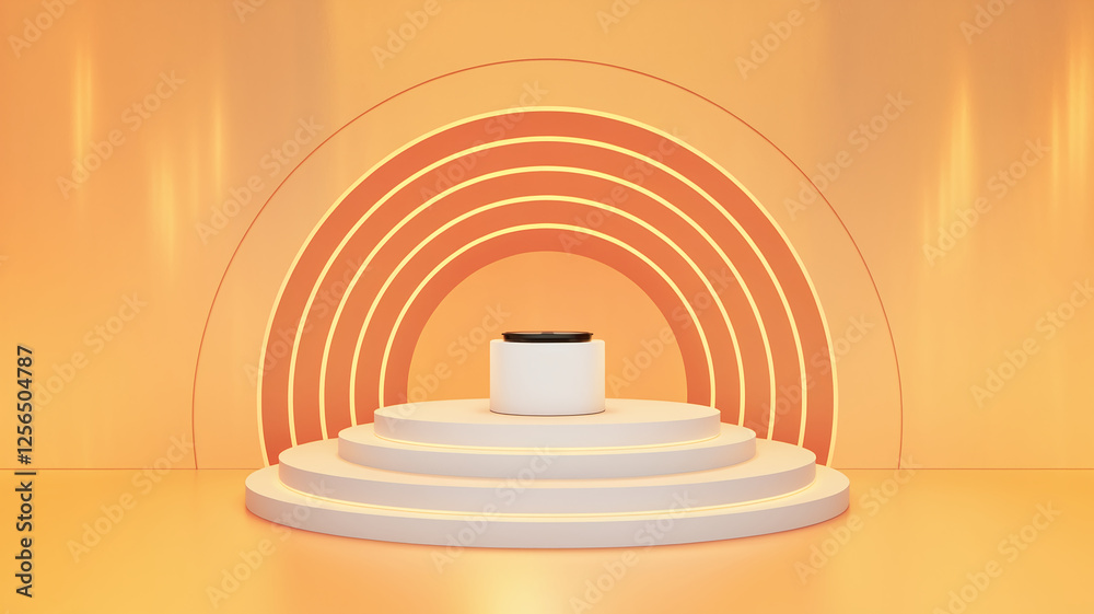 Poster A modern minimalist product display setup with a circular pedestal and glowing concentric arches, symbolizing sleek design and creative visual presentation in a vibrant orange space.